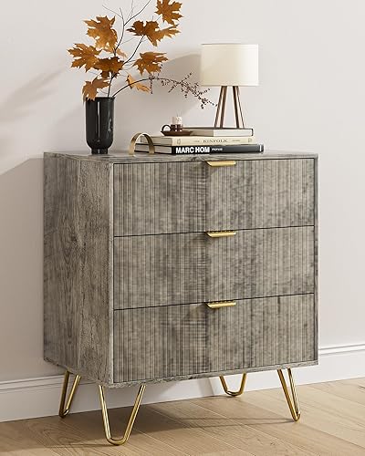 Grey Fluted 3 Drawer Dresser for Bedroom, Modern Storage Bedroom