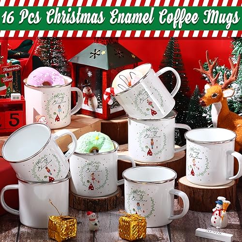Miniatura 7 de Mifoci 16 tazas de café esmaltadas de Navidad a granel de 12 onzas, tazas de chocolate caliente de Navidad con borde plateado, taza de café de