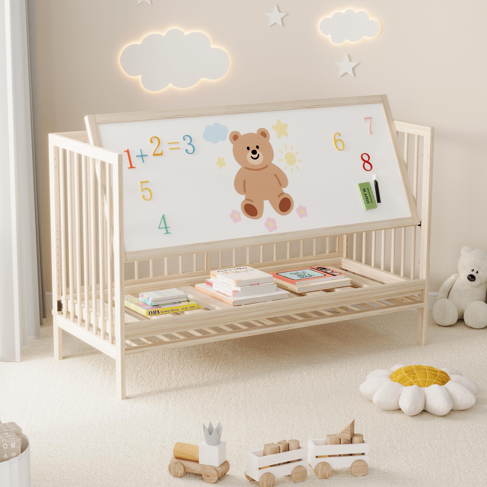 Holz Babybett, multifunktionales Babybett, umwandelbar in Nebenbett/Malerbrettständer/Schreibtisch, höhenverstellbar, ohne Matratze, aus Fichte, naturfarben, 140x60x90cm