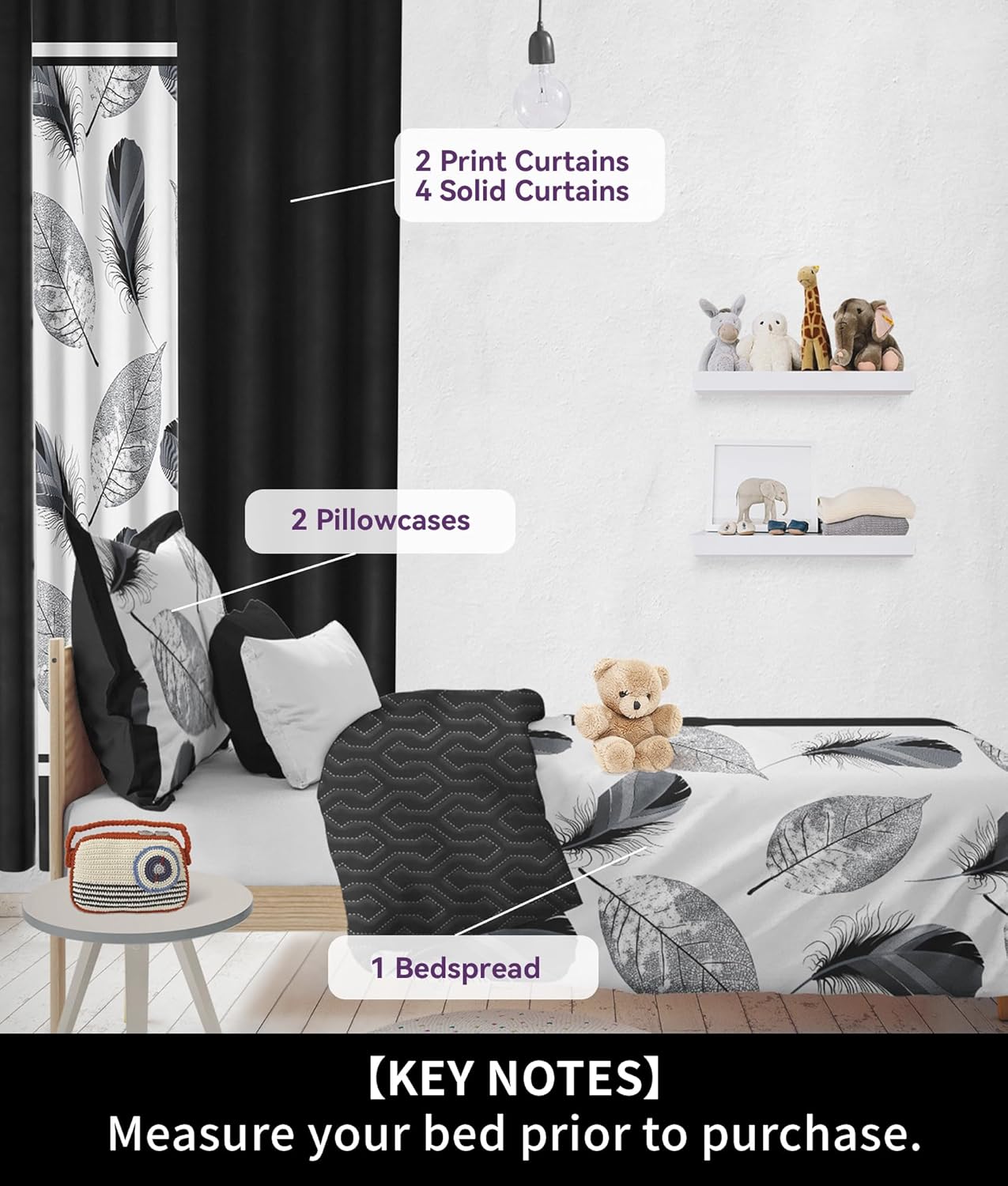 Lightweight 9 pcs Queen Bed in a Bag with Curtains 1 Bedspread 2 Pillowcases 2 Print 4 Solid Curtains Microfiber Monochrome Bed Cover Bedroom Decor Duvet Black Grey White Feather Foliage
