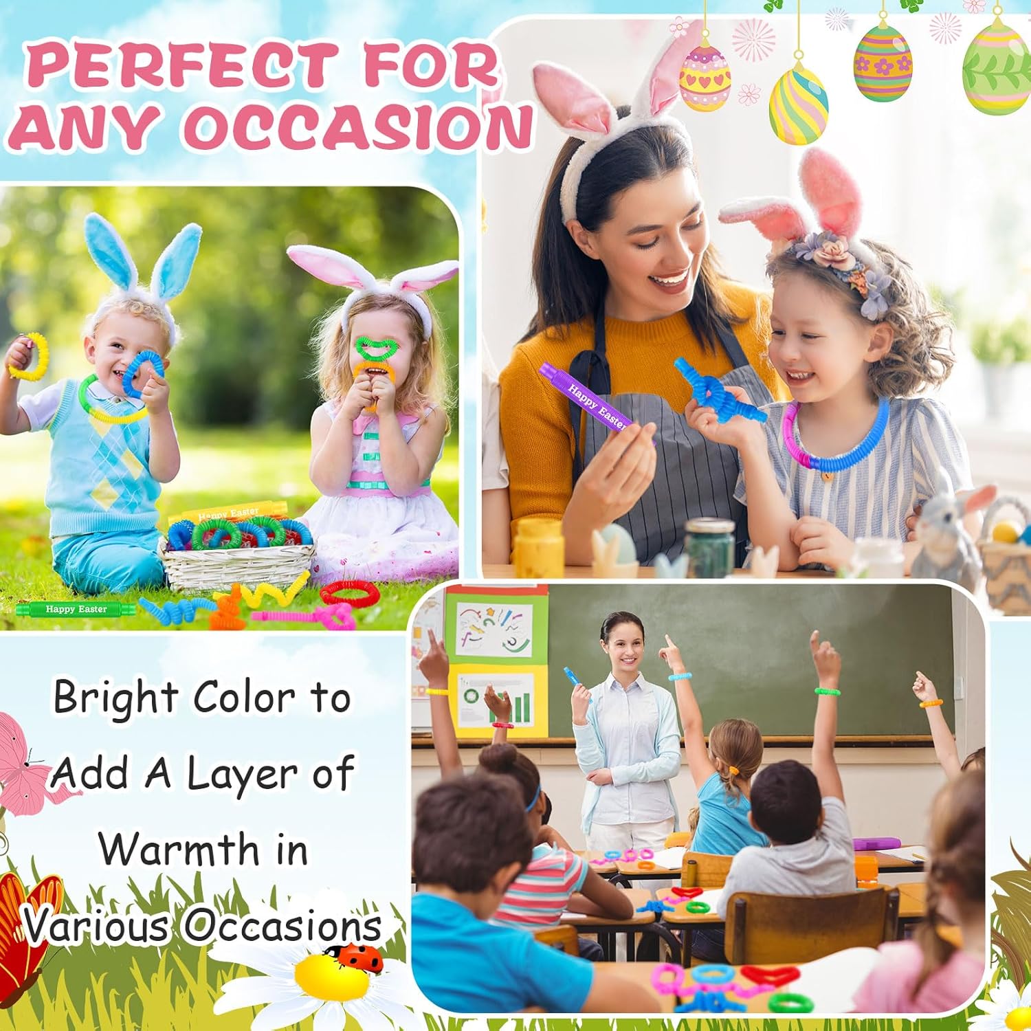 Skylety 16 Pack Easter Party Favors Supplies for Kids Pop Tubes Sensory Toy Relief Stress for Kids Boys Girls Easter Basket Stuffers Student Gifts Classroom Prizes Accessories