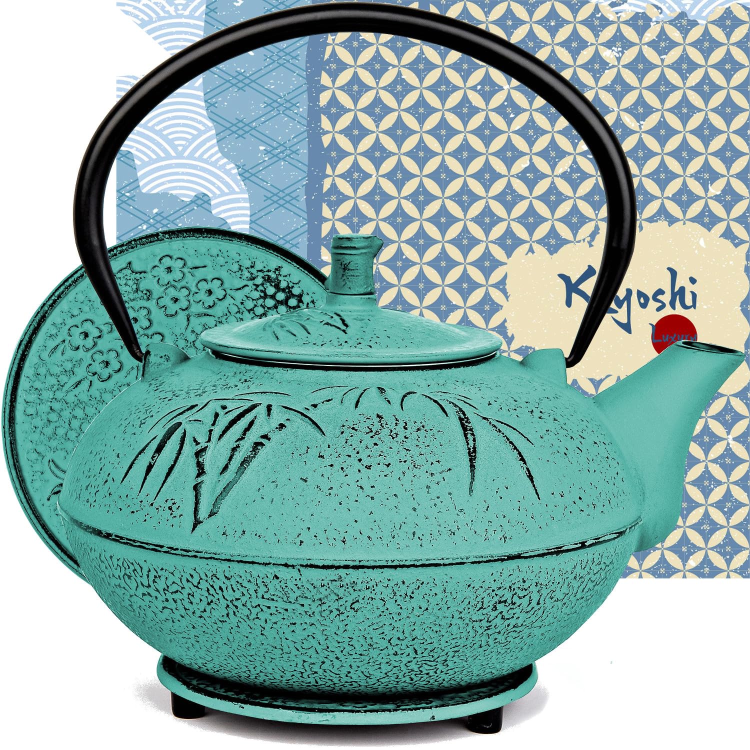 Tetera japonesa XXL de hierro fundido con infusor y salvamanteles a juego, tetera grande de 2500 ml con hojas sueltas de tetsubina con interior esmaltado, juego de humidificador de hierro fundido