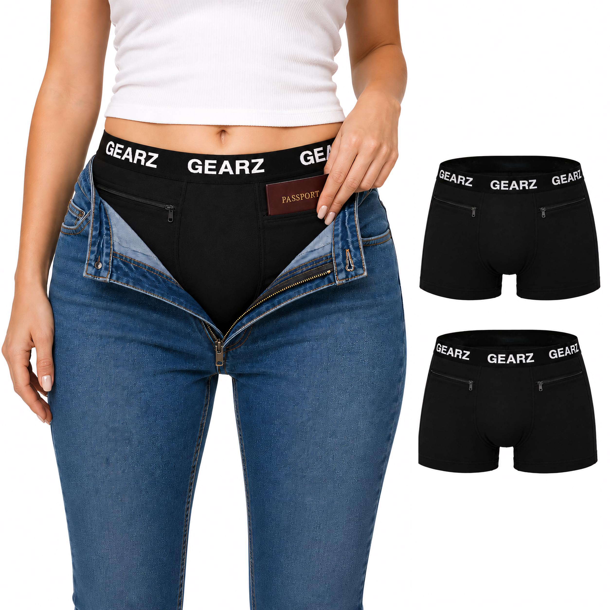 GEARZ - Lote de 2 Boxers Viaje Mujer Antirrobo - Pack 2 Shorties con Bolsillos Ocultos con Cremallera - Culottes algodón Negro Deporte