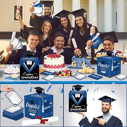Miniatura 5 de Funrous Caja grande de tarjetas de graduación azul y negro con 30 piezas de tarjetas de consejos, caja de dinero, tapa 3D de felicitaciones, soporte