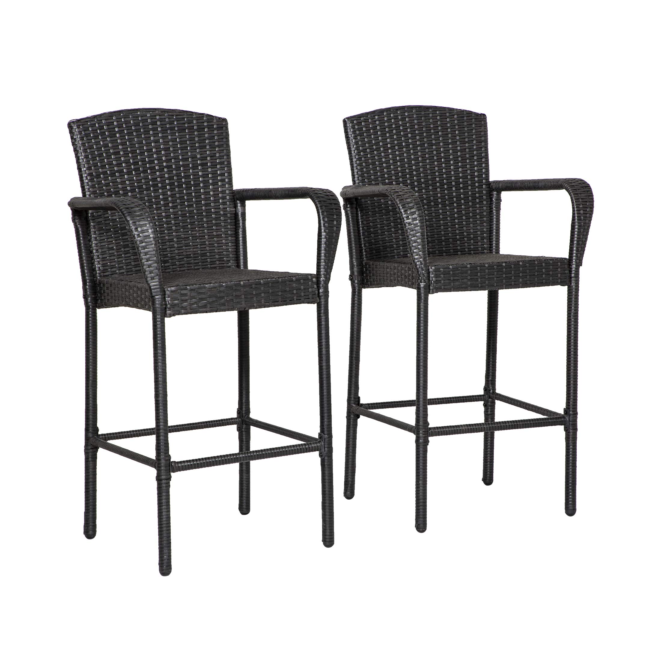 WestinTrends Melvi Outdoor Bar Stools Set of 2, All Weather PE Rattan Wicker Bar Stool with Back 47 inch Tall Bar Height Chairs, Black
