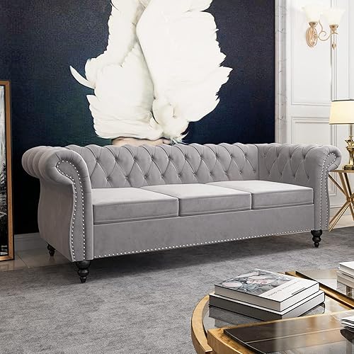 QHITTY Accent Large Sofa, Chesterfield Couch 3 Seater Modern Velvet Couch Upholstered Sofa with Tufted Back for Living Room Furniture (Grey)