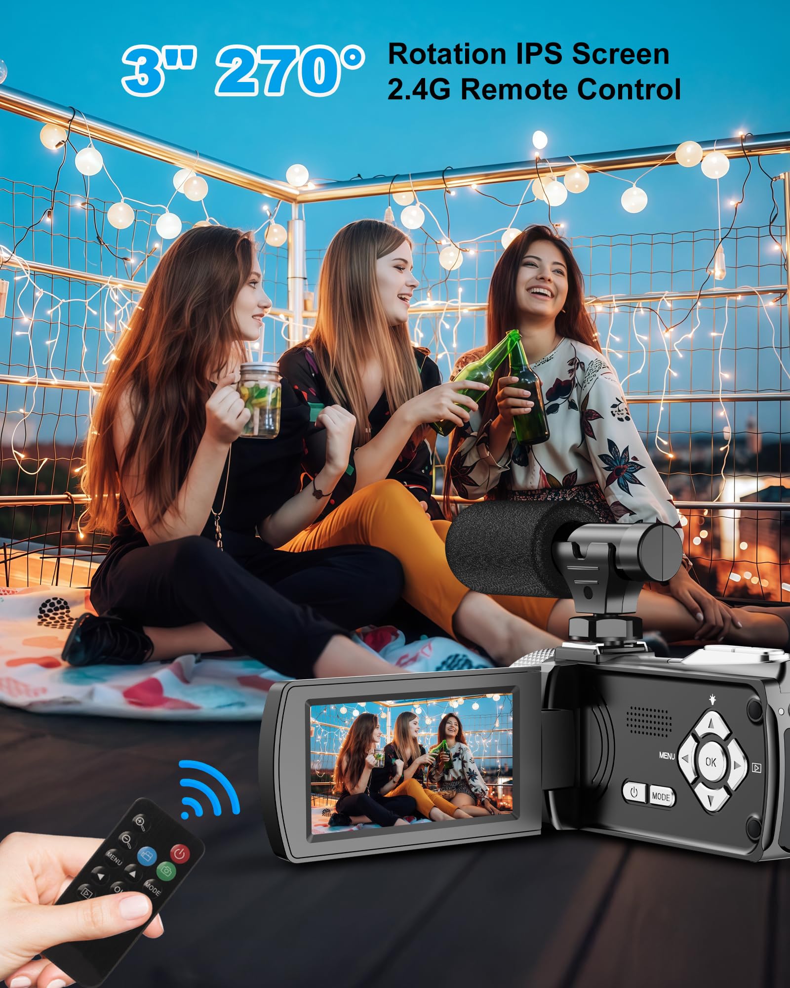 Videocamera 4K 48MP 60FPS UHD per YouTube Vlogging Zoom digitale 18X 3" IPS 270° Flip Screen Videocamera con microfono Lavalier wireless, scheda SD da 32 GB, 2 batterie e telecomando
