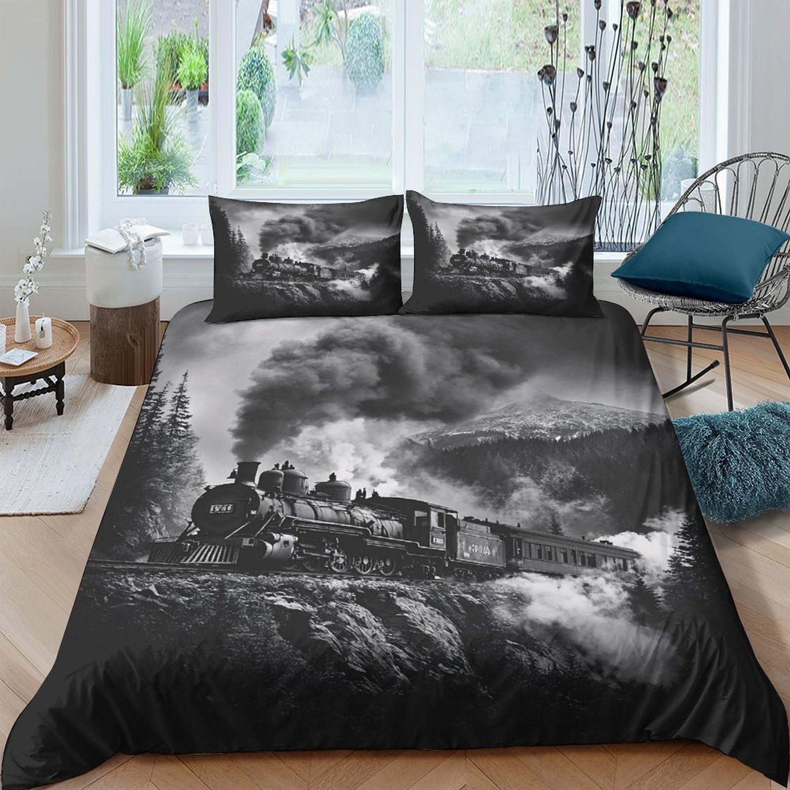 Ctjqhvkz Style-1 3D Printed Steam Train Fitted Sheet Microfiber Soft Black White Retro Locomotive Bed Cover For Bedroom Decor Single（135X200cm）