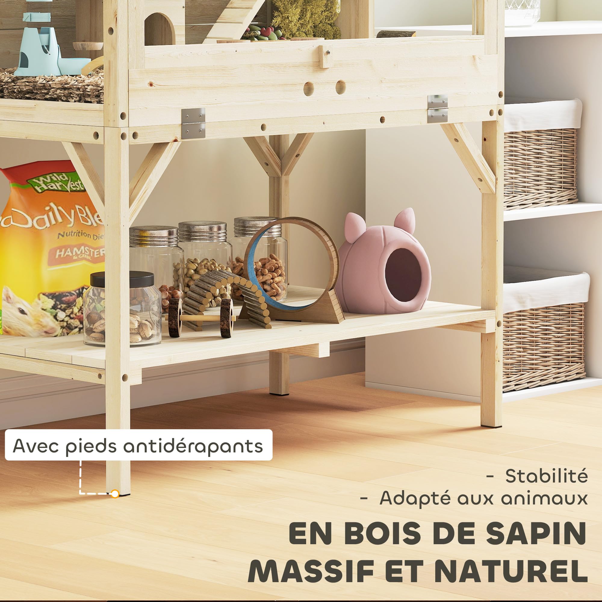PawHut Cage Hamster en Bois, Cage Rongeur à 2 Niveaux, avec étagère de Rangement, Couvercle ouvrant, Plateau Amovible, Bascule, Rampe, pour Hamsters syriens, gerbilles, 84 x 53 x 110 cm, Bois Naturel