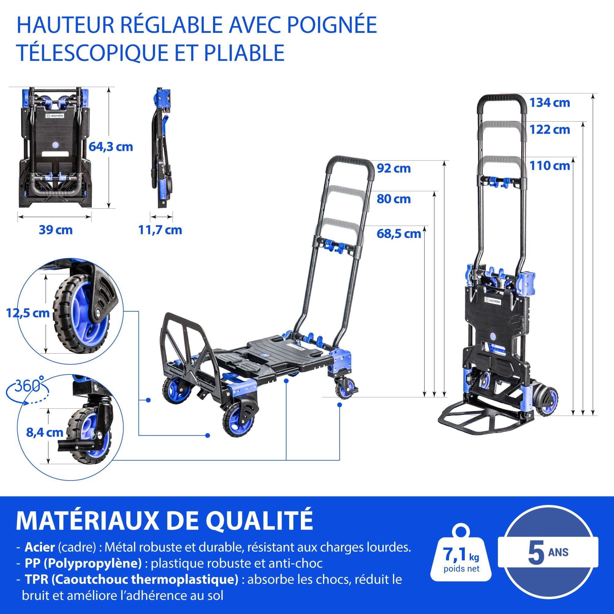HOSTRÖM 2-en-1, Chariot à roulettes et Diable Pliant, Chariot Pliable Max 136kg, Diable Demenagement Max 68kg, Roues pivotantes 360°, Garantie 5 Ans