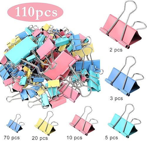 Miniatura 2 de SANNIX 110 clips de colores para carpeta, XL, grande, mediano, pequeño, mini y micro, clips coloridos para carpetas de varios tamaños, clips para