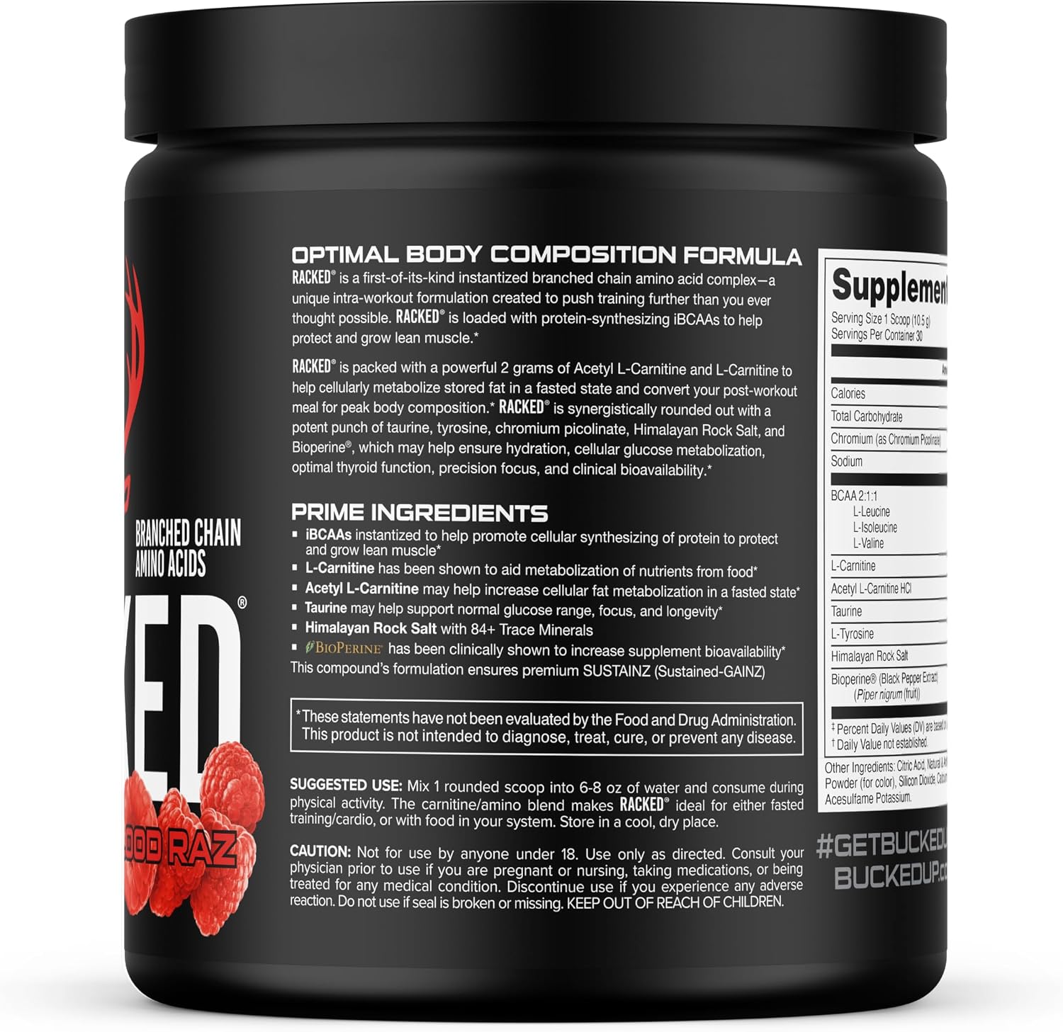Bucked Up Racked Blood Raz | Intra Workout BCAA 2-1-1 Formula with L Carnitine Acetyl L Carnitine Taurine and L Tyrosine | Amino Acid Powder Supplement (30 Servings) image 4