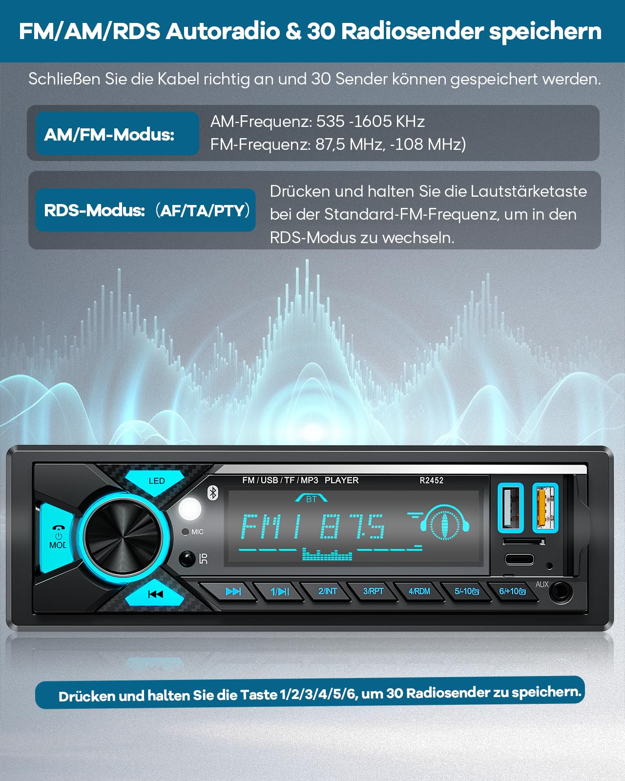 CENXINY Autoradio 1 DIN Bluetooth mit Type-C Ladeanschluss AM/FM Radio 2USB AUX SD TF Android iOS