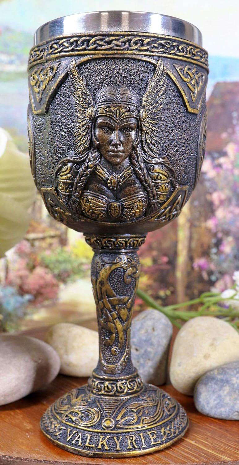 Ebros Norse Mythology Viking Spirit Goddess Valkyrie Odin Maiden 7oz Resin Wine Goblet Chalice With Stainless Steel Cup Liner Norselandic Celtic Trinity Knotwork Figurine Kitchen Accent