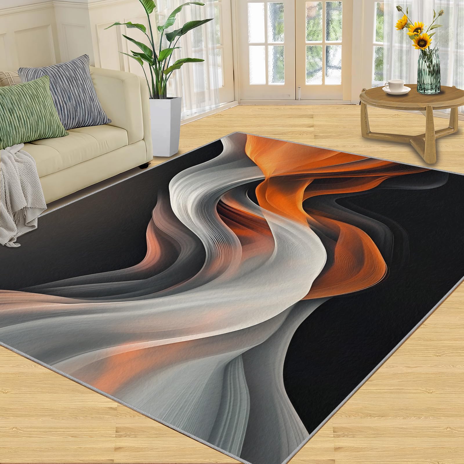 Tapis motif vagues abstraites pour salon, orange et gris, motif ligne fumée, antidérapant, lavable, pour chambre à coucher, cuisine, salle à manger, décoration - 160 x 230 cm