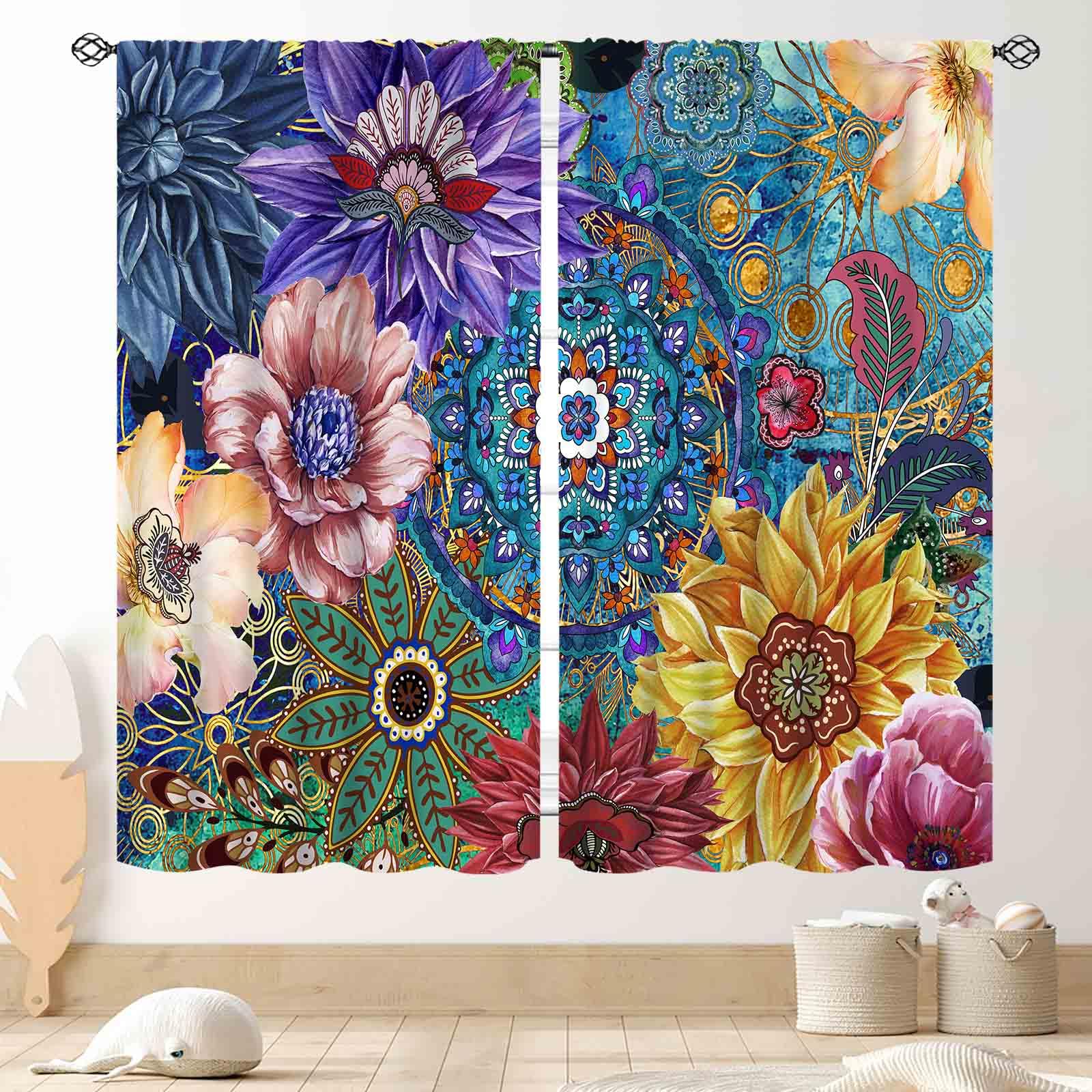 Boho Floral Bohemian Window Curtains, Coloful Tropical Flower Blossom Retro Vintage Mandala Pattern Chic Modern Summer Spring Window Drapes Treatments
