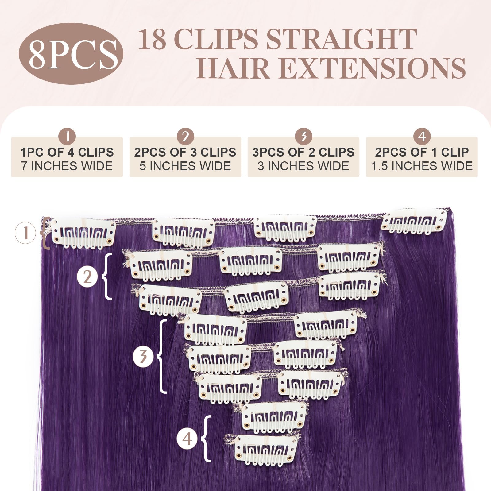 SEGOHAIR Hair Extensions Clip in 8Pcs 18 Clips Synthetic Fiber Seamless 26" Long Straight Full Head -Purple Blue - Image 2