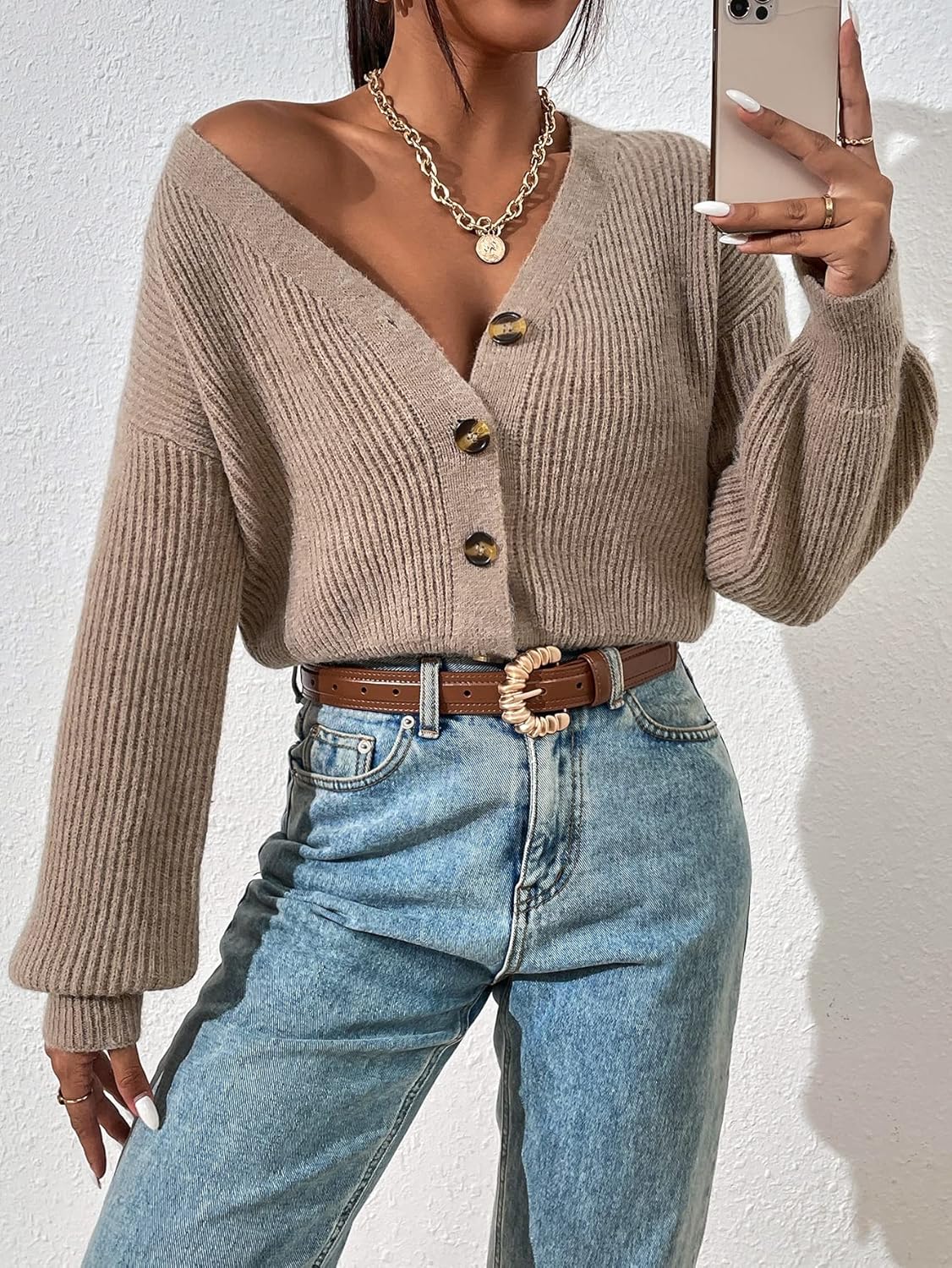 SHENHE Women's Button Down Cropped Cardigan Sweater V Neck Ribbed Knit Soft Cardigan - Image 3