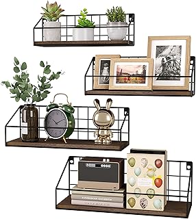 YGEOMER 4 Set Floating Shelves, Wall Hanging Shelves with Wire Baskets for Bathroom, Kitchen, Living Room, Bedroom (Carbon...