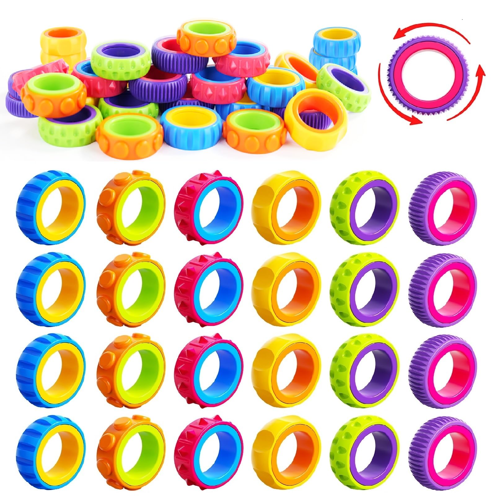 OleOletOy Fidget Toy Sensory Rings for Kids: 24pcs Spinner Ring Bulk - Autism Toys for Stress Calming - Classroom Prize Quiet Fidgets for Students
