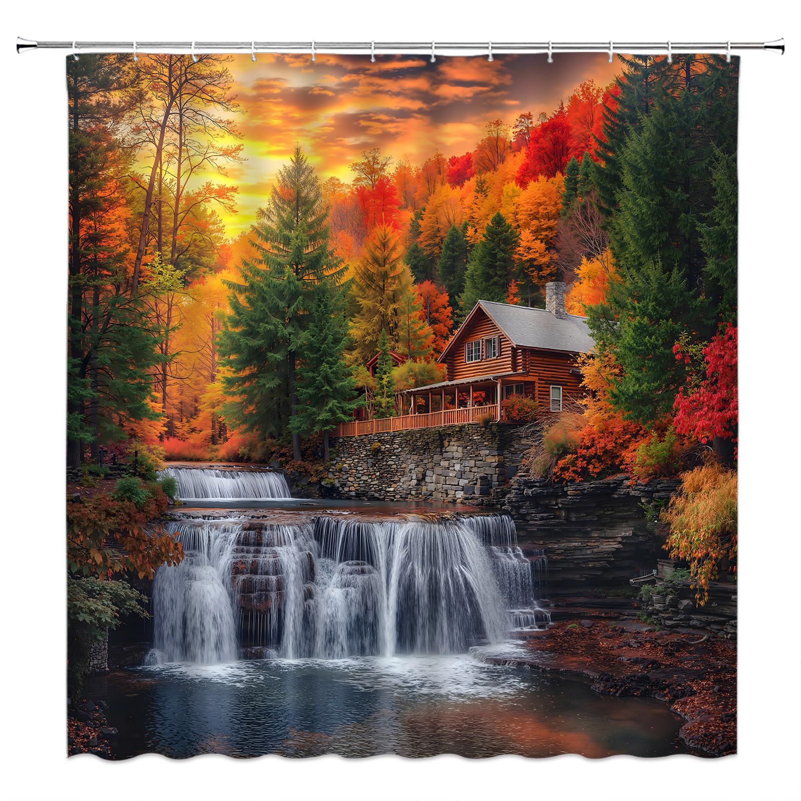 GCTNBJL Fall Landscape Shower Curtain Forest Waterfall Tree Autumn Nature Scenery Yellow Green Red Bathroom Home Curtain with Hooks,70x70 Inch