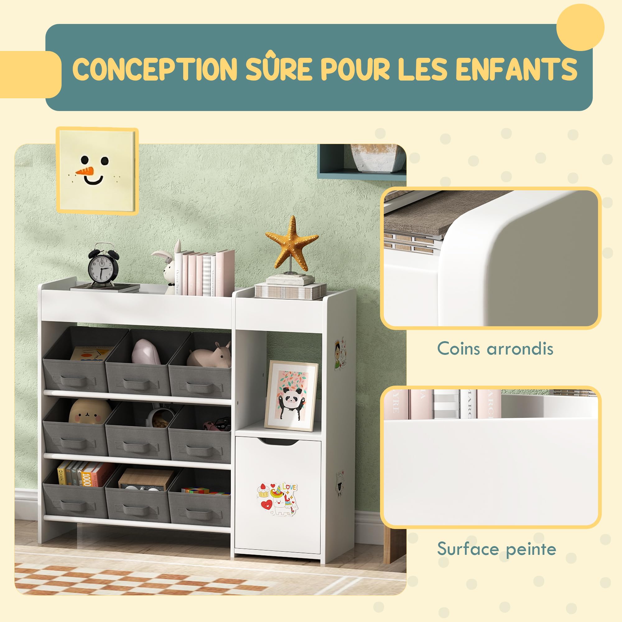 AIYAPLAY Meuble Rangement Enfant étagère de Rangement pour Jouets Enfants avec 9 tiroirs en Tissu et Placard pour Chambre d'enfant, Salle de Jeux, garderie, Blanc