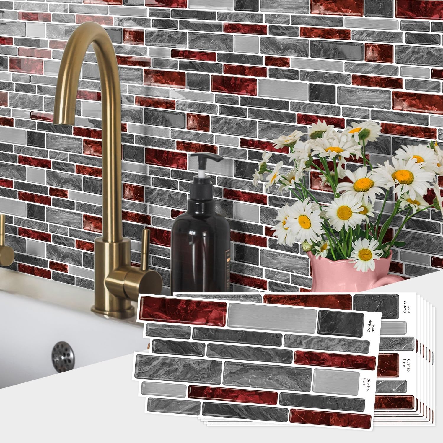 Sohouu 48Pcs 3D Tile Wall Sticker Waterproof Oil Proof Self Adhesive Decals For Home Decor(48Pcs)