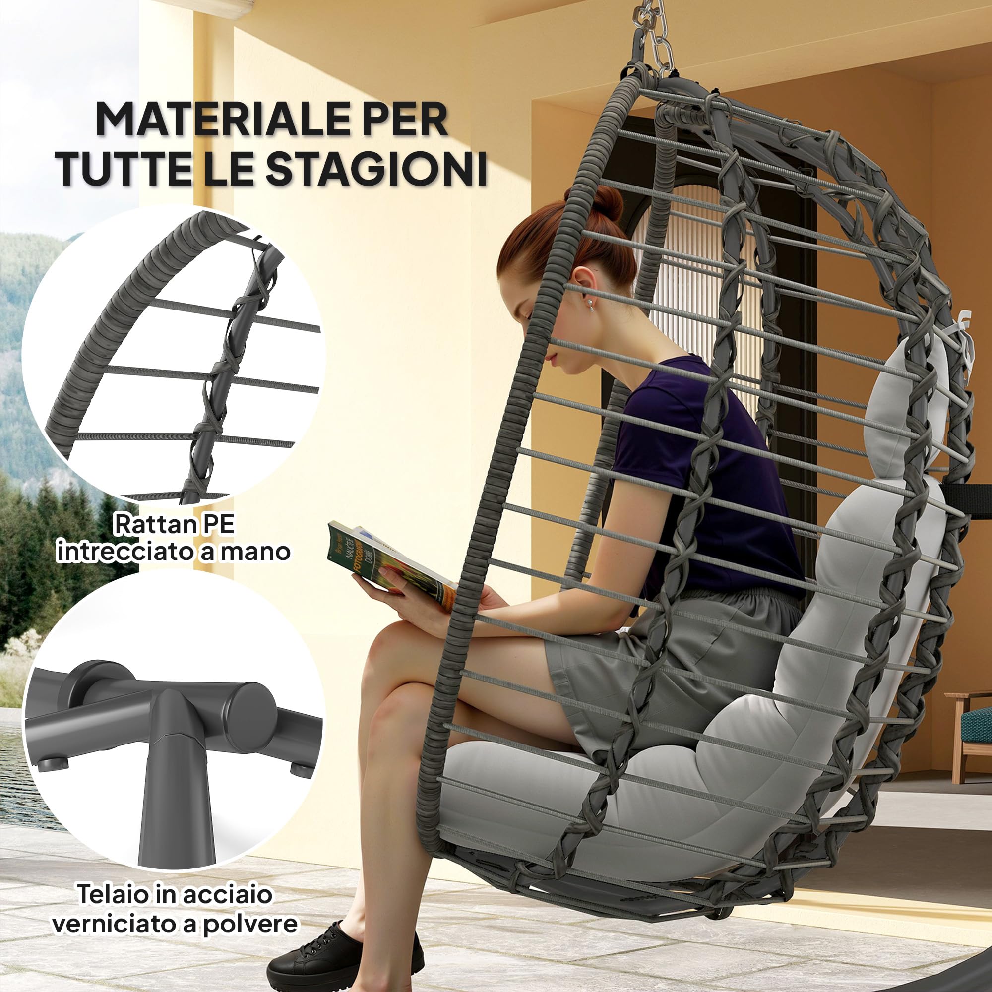Outsunny Poltrona Sospesa a Uovo in Rattan, da Giardino Grigio Chiaro | con Gancio, Cuscini Imbottito e Poggiatesta, Sedia a Dondolo Pieghevole, Base a X in Acciaio, per Interni ed Esterni