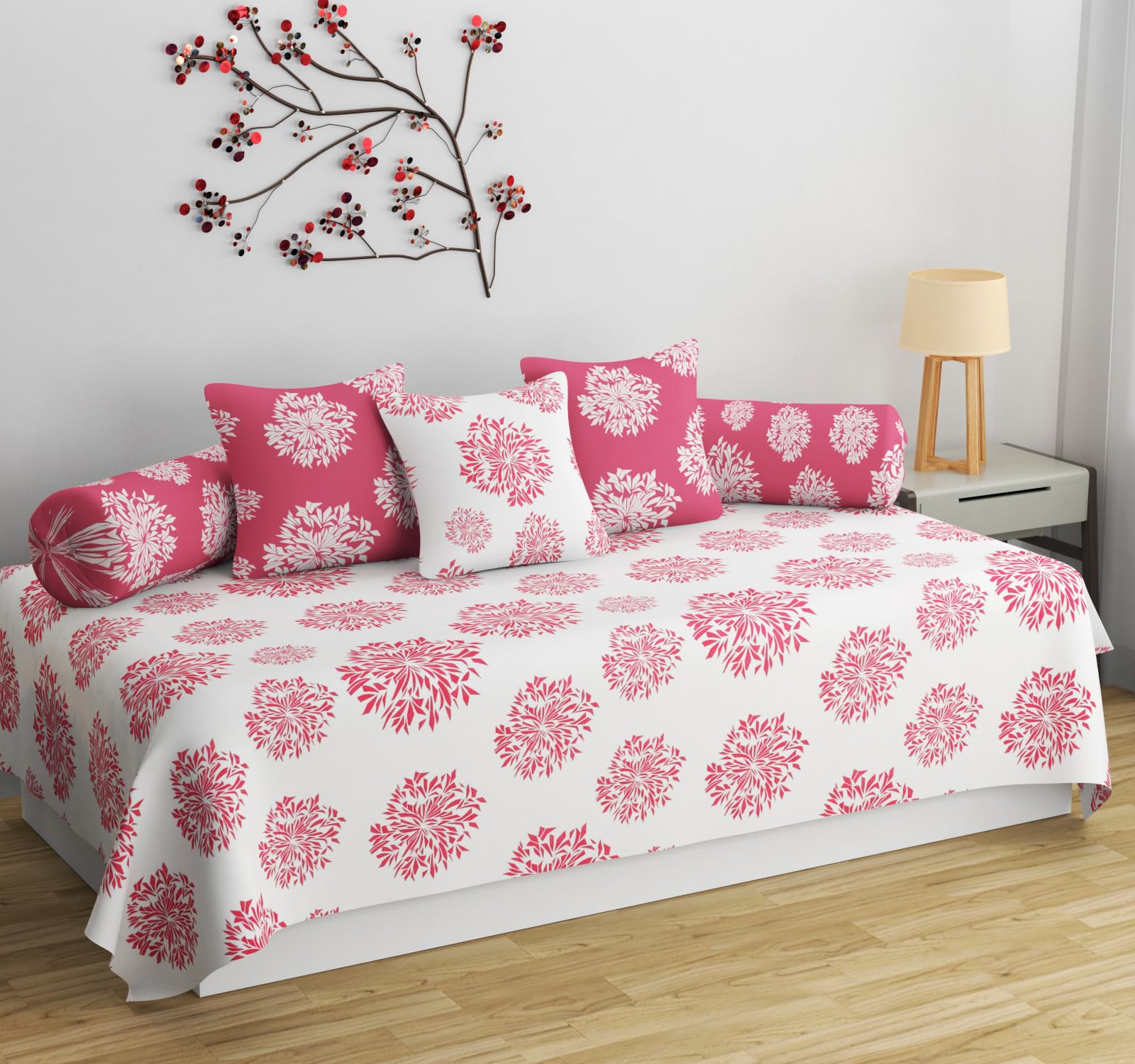 HIDECOR Supersoft diwan Set for Living Room, diwan Set Covers Cotton, diwan Set 6 Pieces (1 Single Bedsheet, 3 Cushion Covers, 2 Bolster Covers White (Mauve Print))