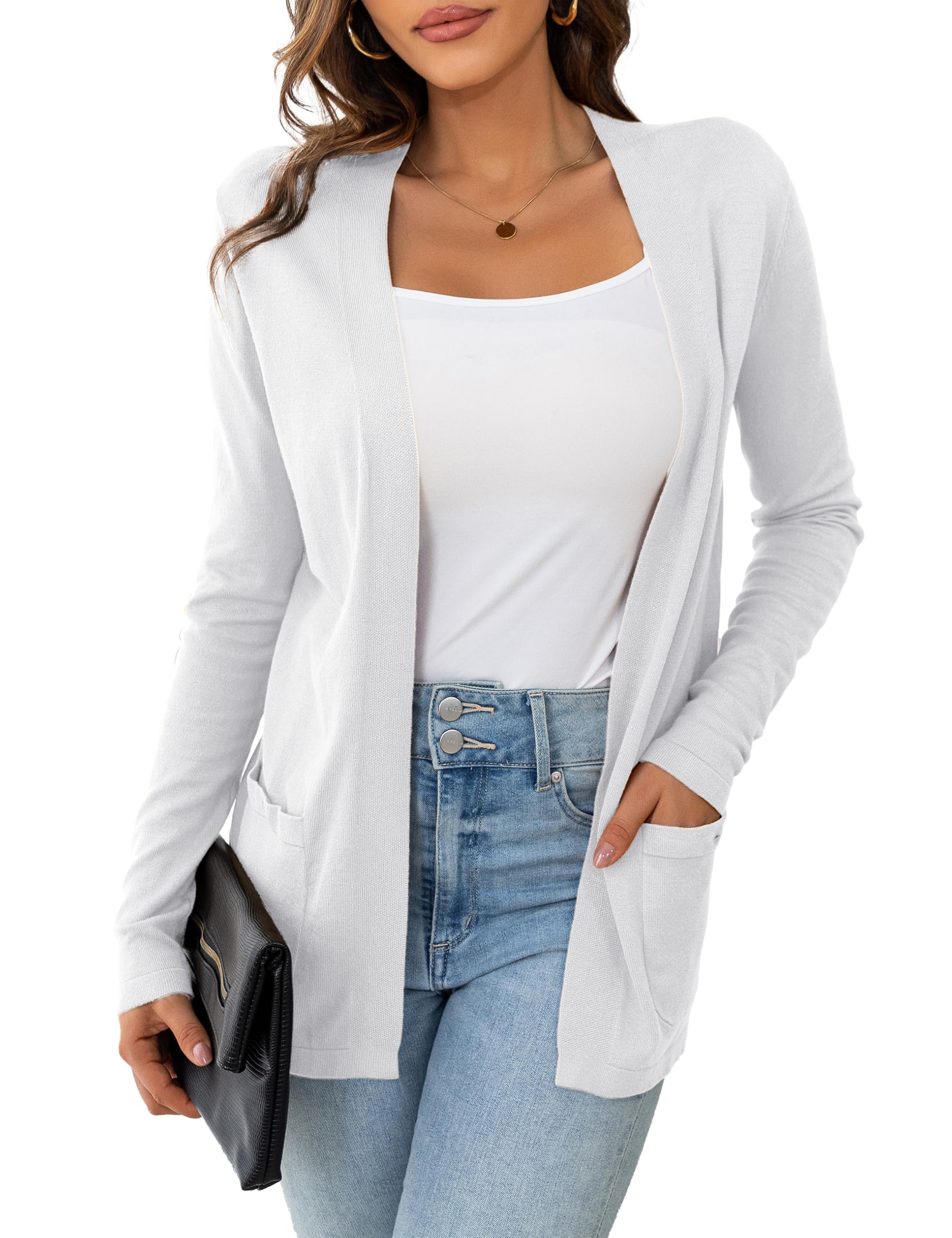 VERABENDI Womens Lightweight Open Front Long Sleeve Cardigan Sweaters for Women with Pockets S-XL