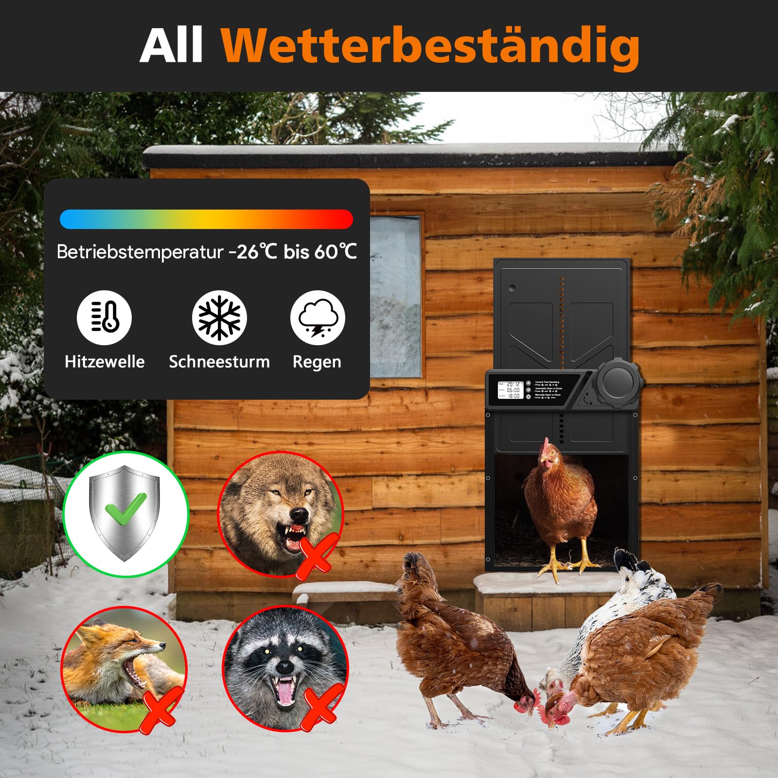 Große Automatische Hühnerklappe Batterie, Aluminum Hühnerklappe Automatisch mit Wasserdicht Großes Display, Timer, Manuelle, Intelligenter Einklemmschutz Elektrische Hühnertür