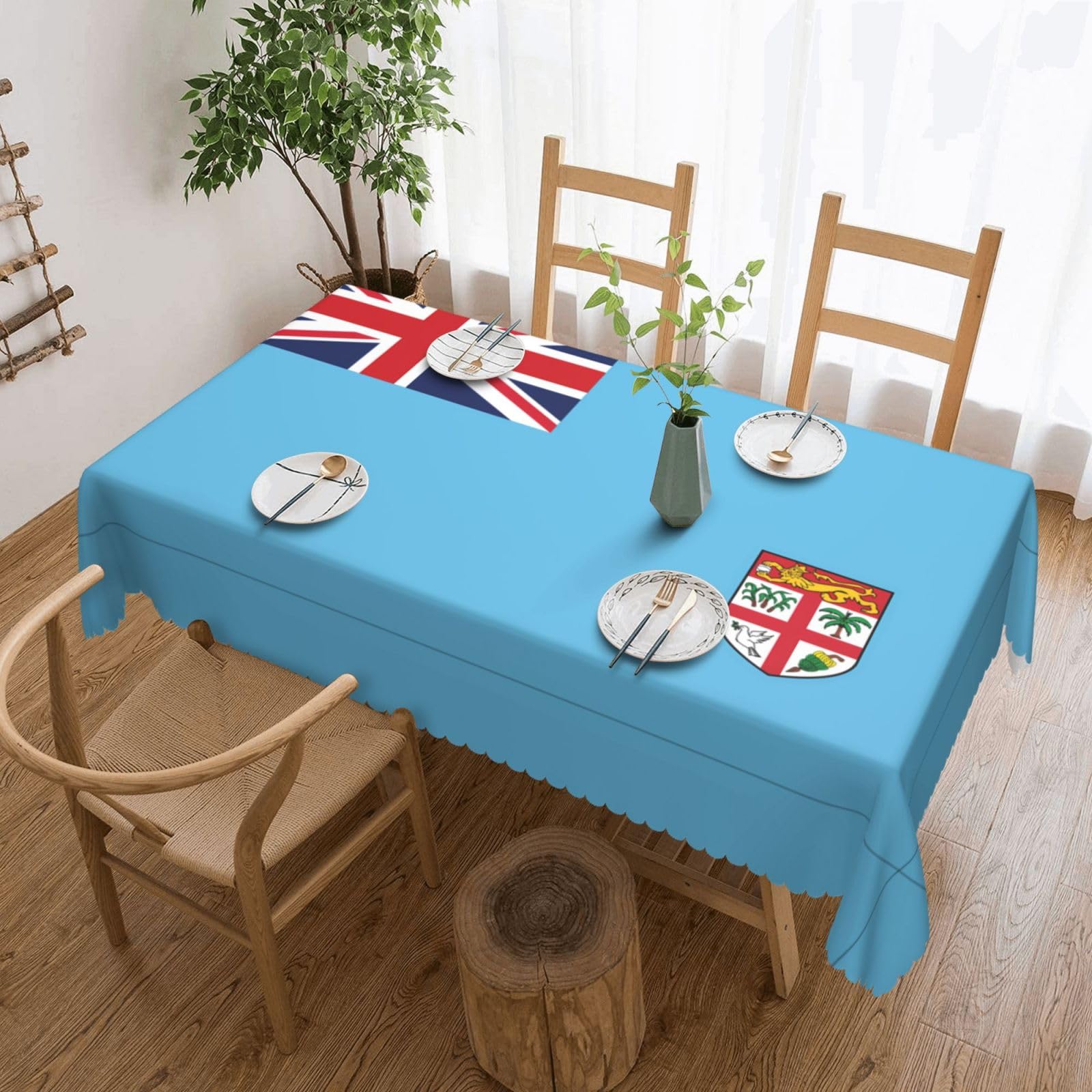 QAZWZML Fiji Flag Printed tablecloth, made of thick polyester with lace trim, suitable for dining rooms, picnics, and weddings