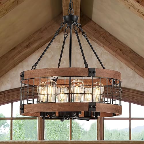 Miniatura 14 de Lámpara colgante de tambor de granja de 4 luces, 12.6 pulgadas, textura de madera natural, candelabros rústicos vintage, lámparas colgantes 12.6in-4