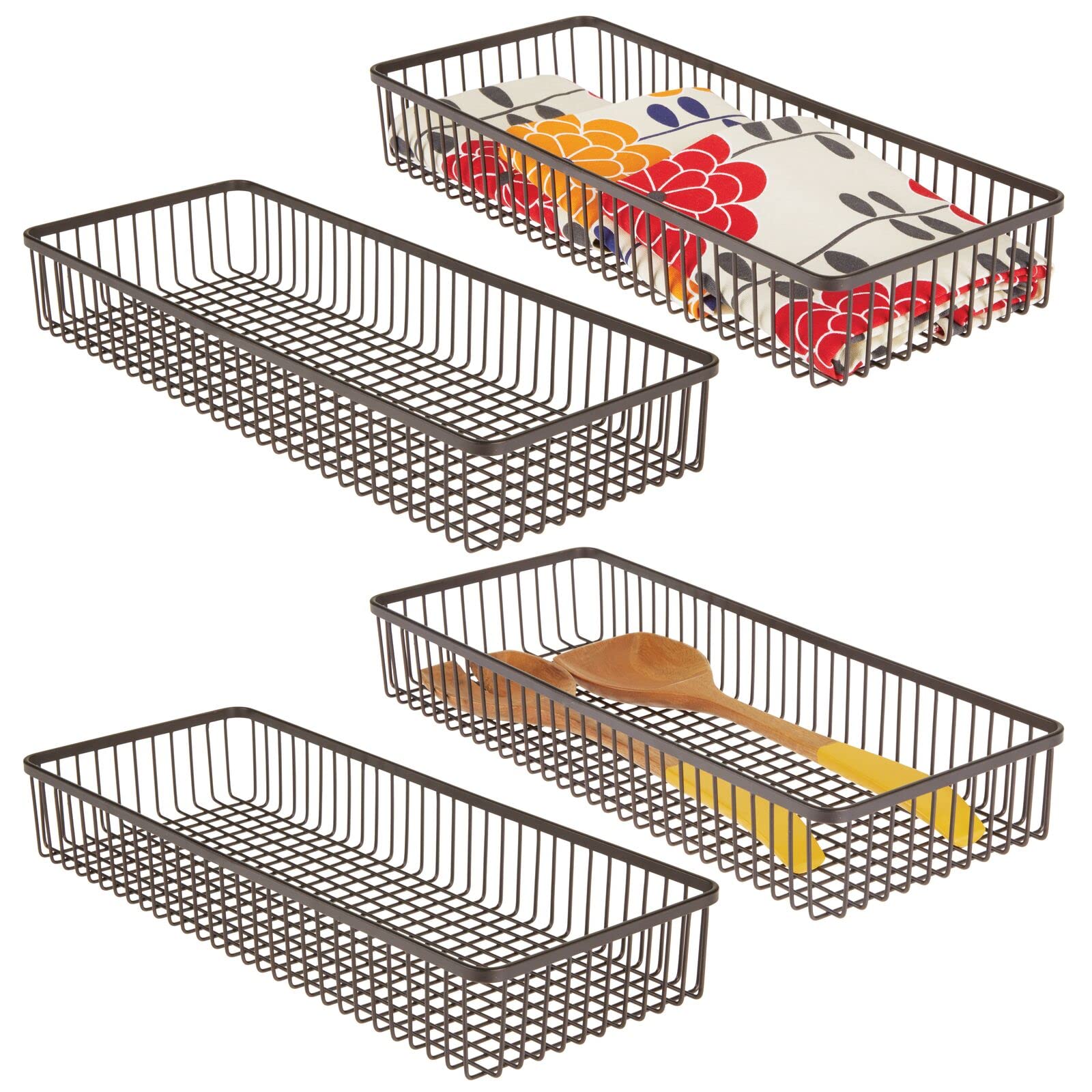 mDesign Metal Farmhouse Kitchen Cabinet Drawer Organizer Basket Tray, Shallow Storage Bin for Cutlery, Serving Spoons, Cooking Utensils, Appliances, Gadgets, Unity Collection, 15" Long, 4 Pack, Bronze
