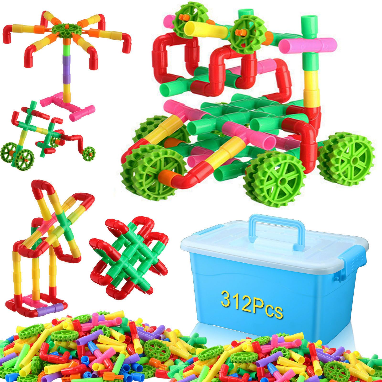 Libima 312 Pcs Tubular Pipes Building Blocks for Kids, Stem Building Blocks, Pipe Tube Locks Construction Set with Storage Box, Preschool Educational