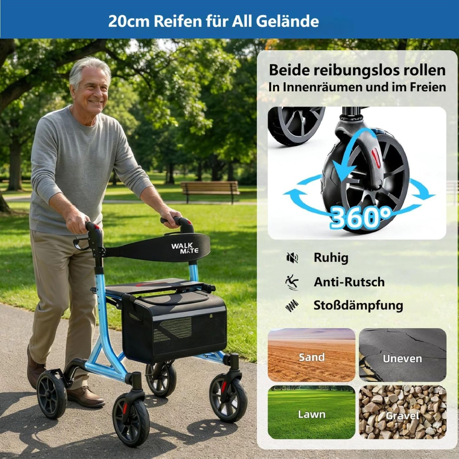 WALK MATE Rollator Faltbar und Leicht mit Sitz für schmale Wohnungen | ergonomische Höhenverstellung 150–190 cm,Rollatoren für Senioren Klappbar mit 20cm Reifen, nur 6.7kg leicht