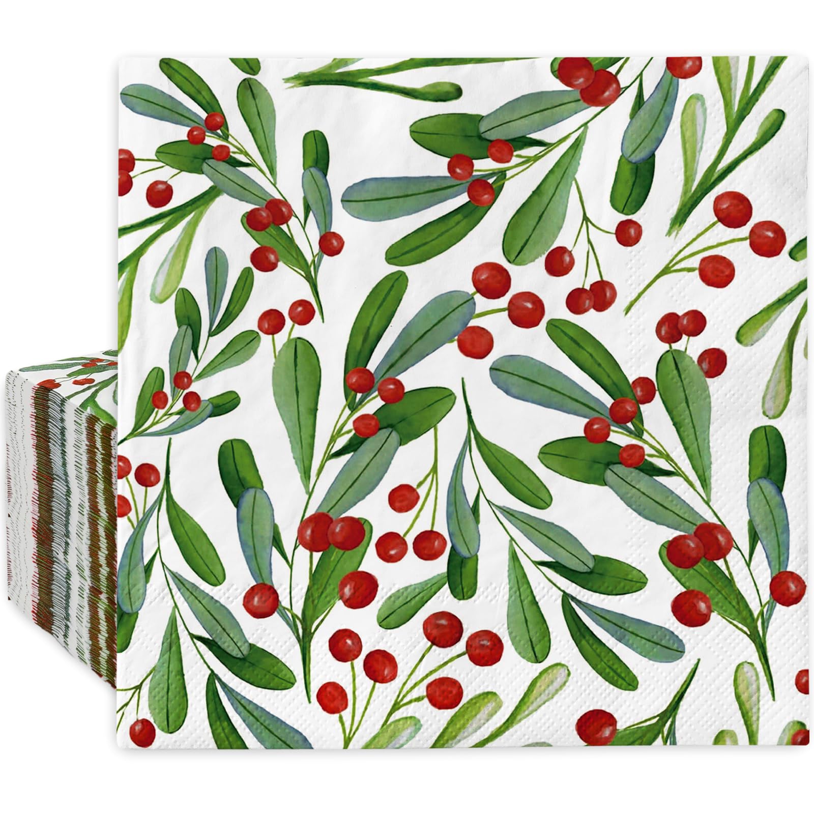 AnyDesign 80 Pack Christmas Paper Napkins Disposable Watercolor Holly Leaves Berries Napkins Xmas Decorative Dessert Dinner Hand Napkin for Christmas Winter Holiday Party Supplies, 6.5 x 6.5 Inch