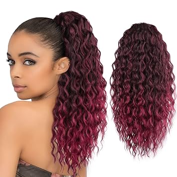 FREEMEIGE Red Ponytail Extension Curly Drawstring Ponytail Synthetic Wavy Pony Tails Hair Extensions Clip in Ponytails 20Inch Fluffy Hairpiece