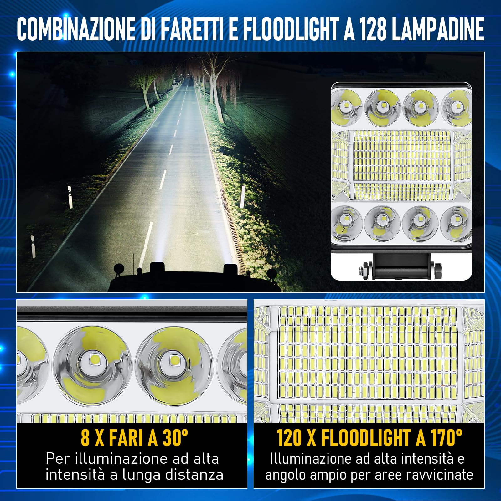 AnTom 2Pcs Faro da Lavoro LED Con funzione anti-radiazioni e anti-interferenze 126W LED faretti auto 12V 24V 6500K Riflettore IP68 Luci di Lavoro Fuoristrada per Moto Auto ATV Trattore Barca