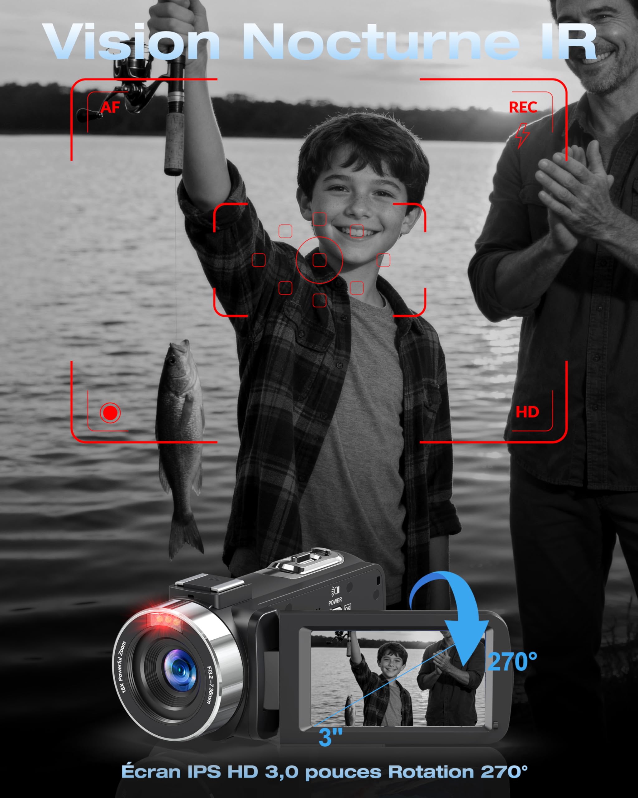 Caméscope 4K 80MP 30FPS Vision Nocturne Infrarouge Zoom 18X Écran IPS 3,0 Pouces avec 2 Piles et Carte SD 32Go