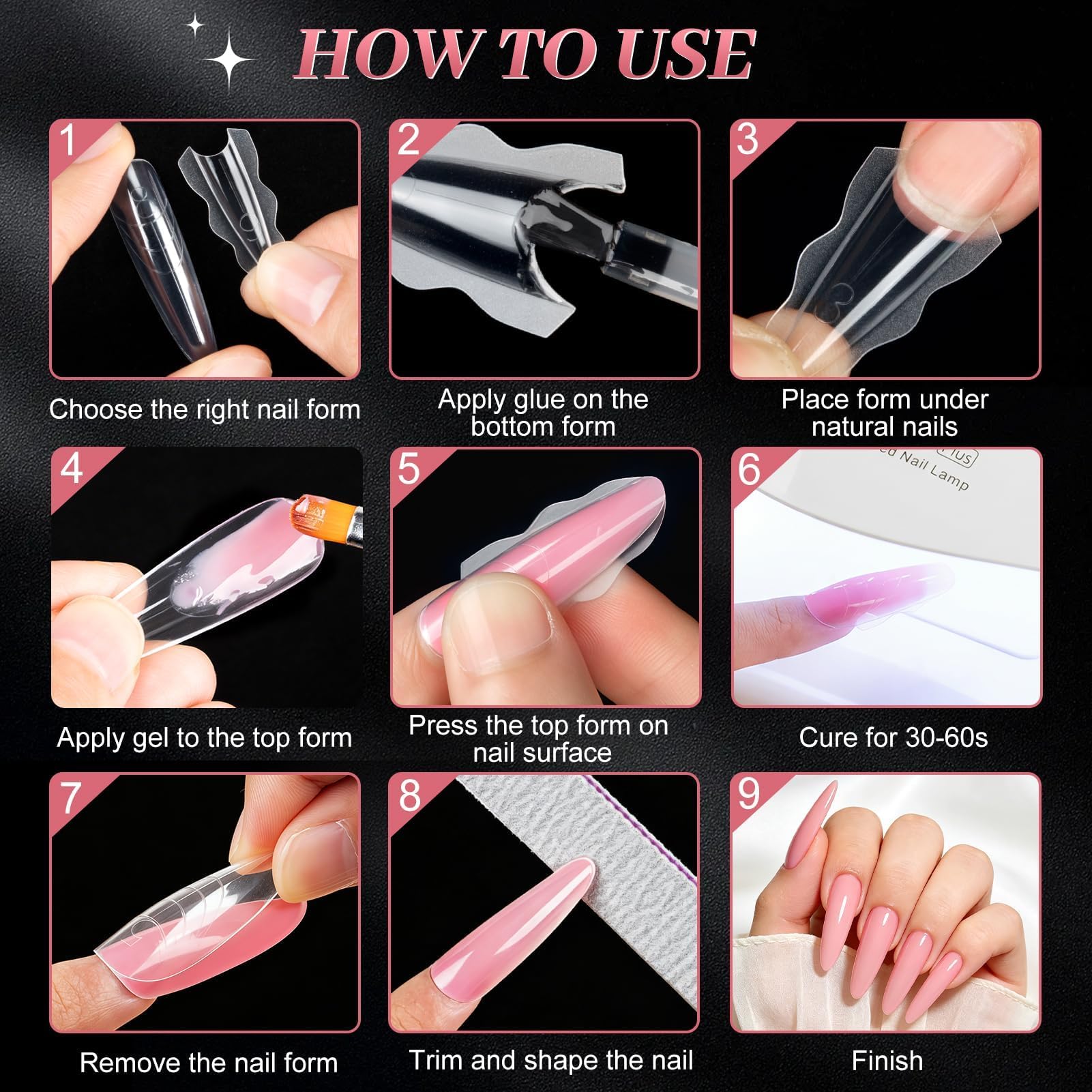 Becellen 180 sztuk Zestaw foremek do paznokci Sandwich Dual Nail Forms, Przezroczyste Dual Tips do przedłużania paznokci z żelem do paznokci, zestaw foremek do poligelu (okrągły kształt konia)