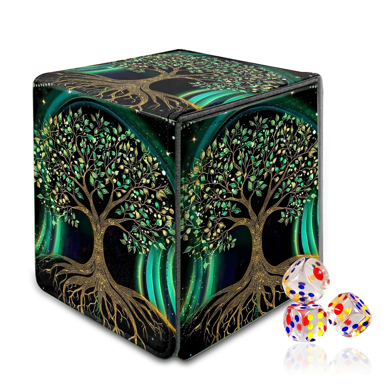 VOGDMKJG Trading Card Deck Box Fit 120+ Single Sleeved Cards,PU Leather Magnetic Closure Card Storage Box With 3 Dice For MTG/TCG/PTCG/Magic/Sport Card Storage Case Vertical Design Tree of Life