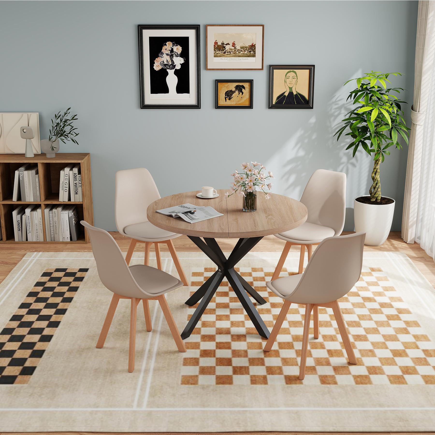 Mesa de Comedor con 4 Sillas, Juego de Comedor, Mesa de Comedor Redonda de Madera de 100 * 100 * 75 cm, 4 Sillas con Respaldo Alto, Patas de Madera de Haya, (Marrón Claro +Caqui)