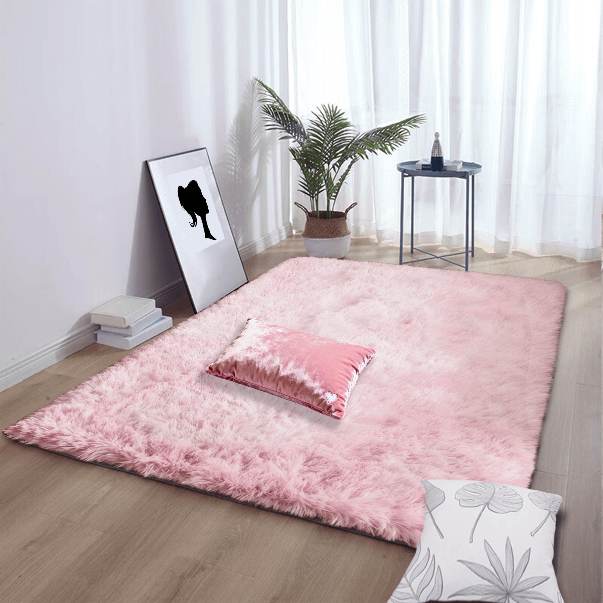 Grand tapis de salon rose clair 130x190 cm shaggy et moderne
