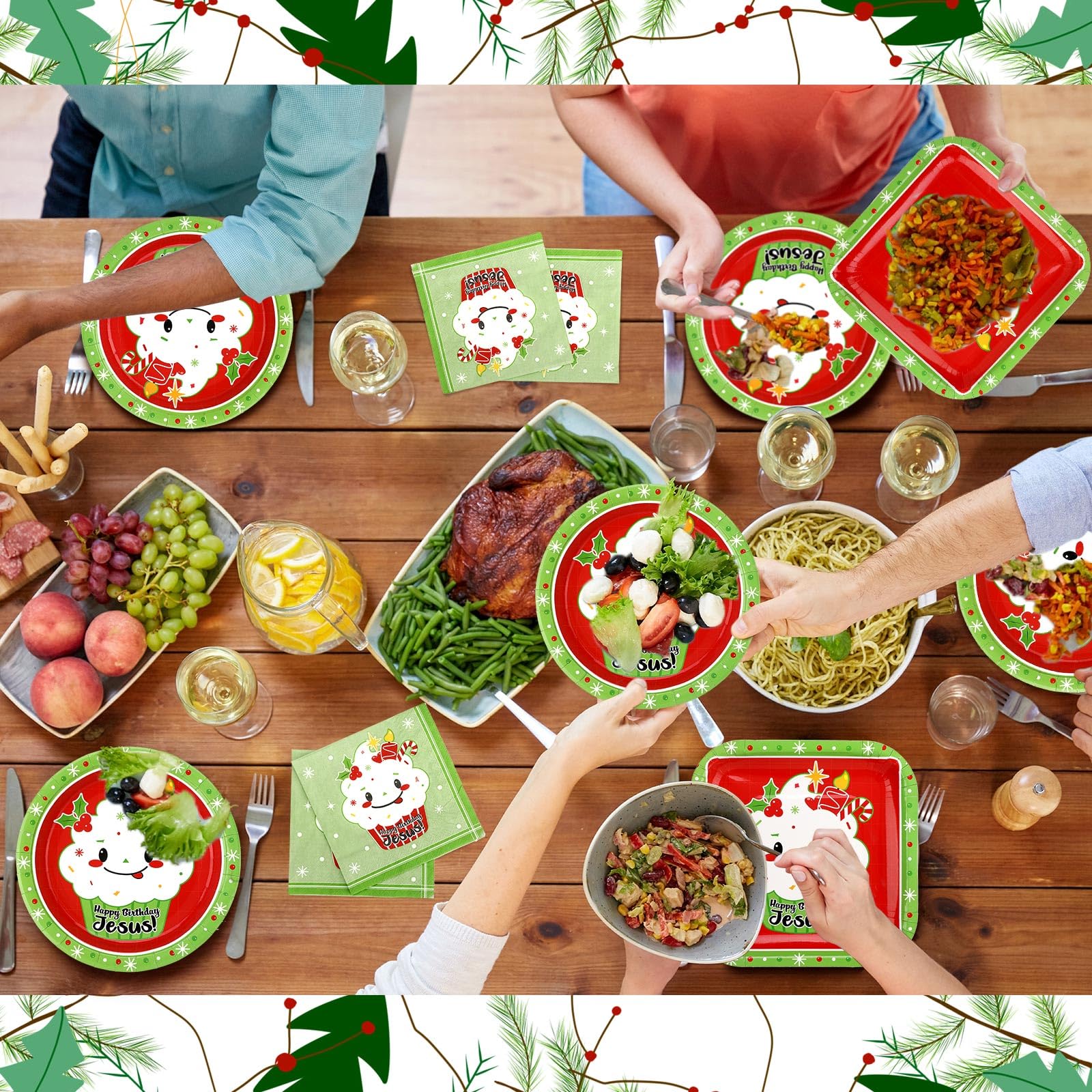 200 Stück Happy Birthday Jesus Party Geschirr-Set Einweg-Dinner-Party-Set 30 quadratisch 30 runde Happy Birthday Jesus Cupcake Pappteller 140 Cupcake Servietten für Weihnachten Jesus Party Supplies