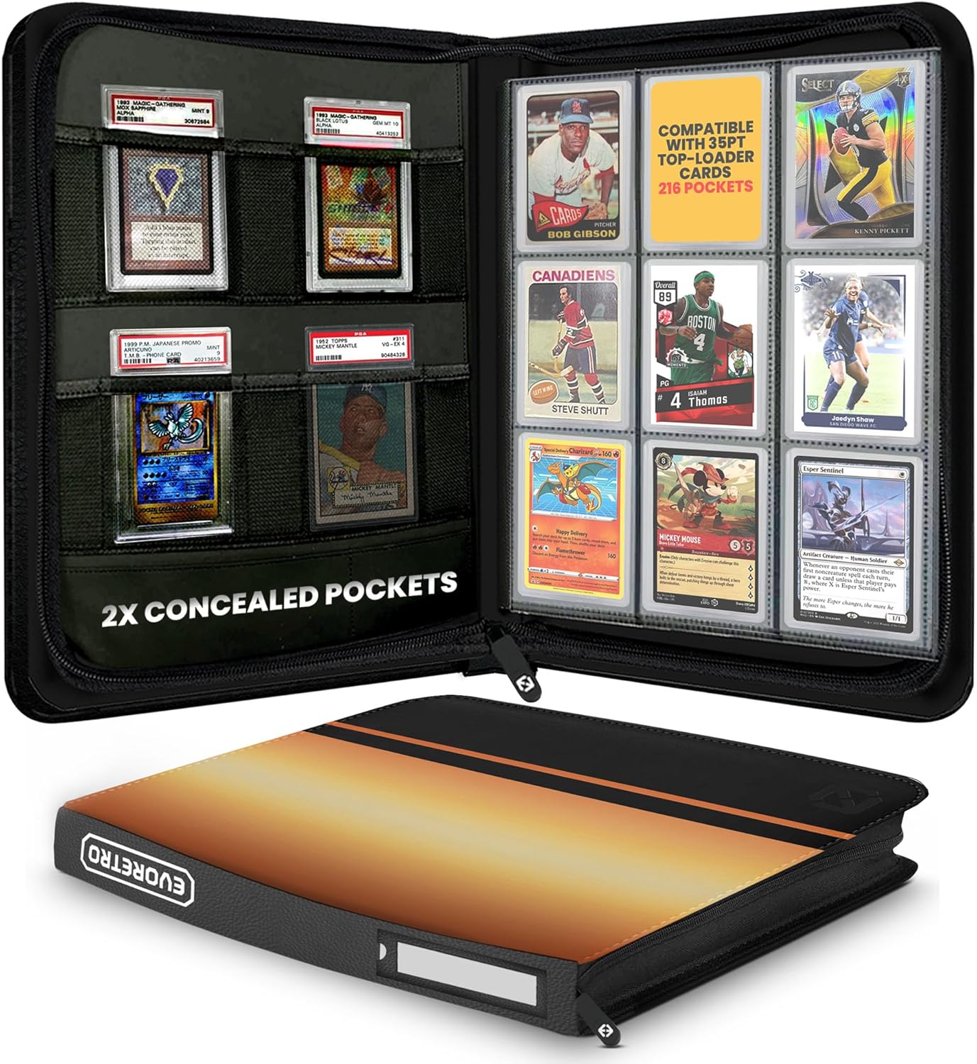 Top Loader Binder  35pt55pt 3"x4" Gold Trading Card Binder, Rigid Card Holder with 216 Slots + 4 PSA Slab Pockets  Portable Card Organizer for Pokemon, Lorcana, MTG, Baseball & Sports Cards