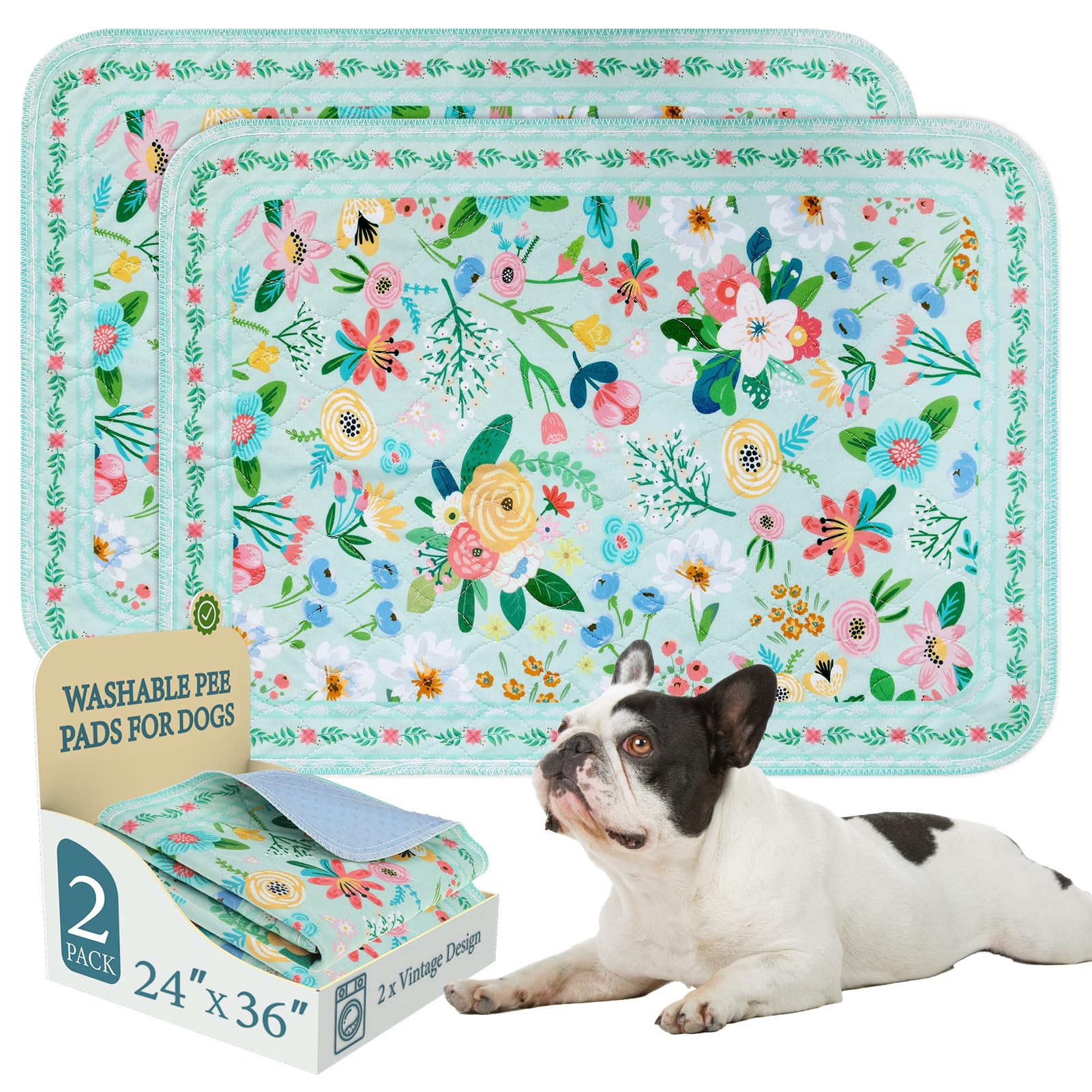 Homimp Washable Pee Pads for Dogs,2 Pack Spring Floral Reusable Puppy Pads Waterproof,Absorbent and Leakproof Dog Pee Pads,Non Slip Puppy Training Pads,Pet Mat for Floor,Crate,Teal 24"x36"