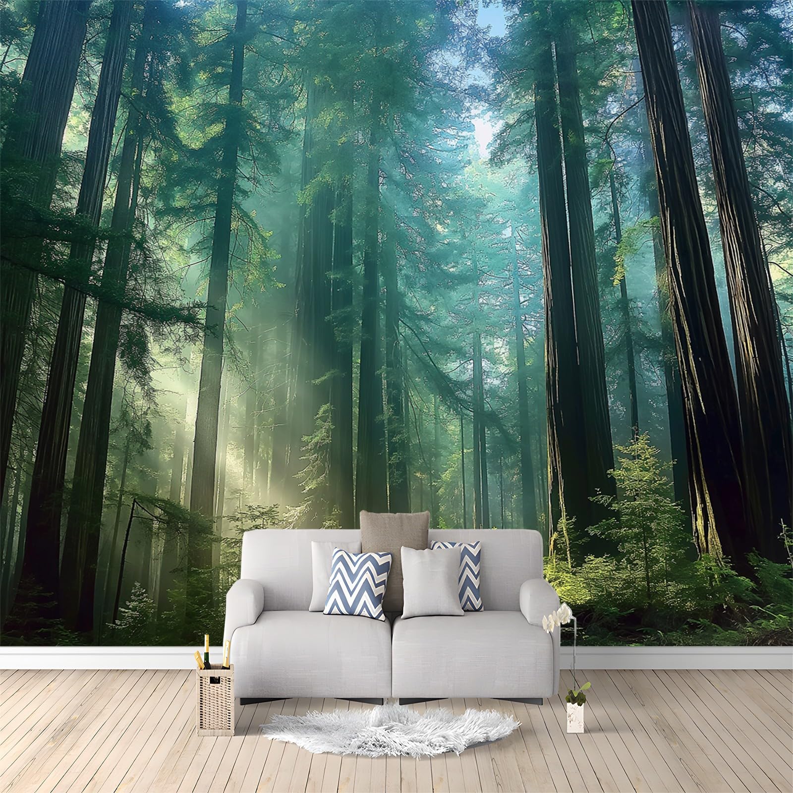 Tapeta 300 x 210 cm, tapeta z włókniny, naturalny las sekwoi, dekoracja słoneczna, wodoodporna, folia ochronna na ścianę, do sypialni, salonu, tapeta ścienna, fototapeta zielona, w zestawie poradnik