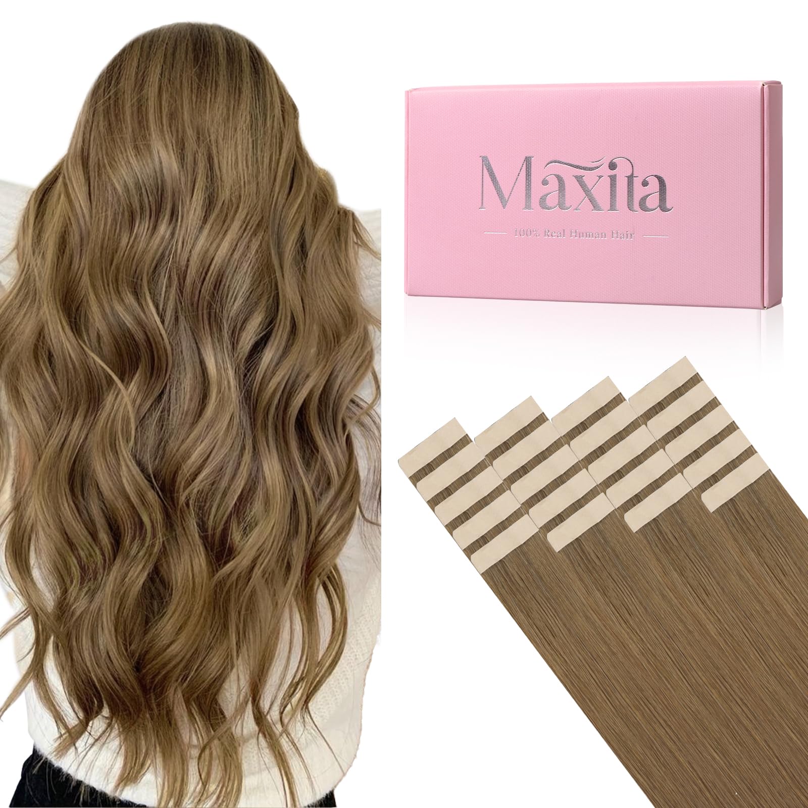 MAXITA Tape in Hair Extensions Human Hair 14 inch 50g 20pcs Light Chestnut Brown Real Human Hair Extensions 100% Remy Seamless Straight Hair
