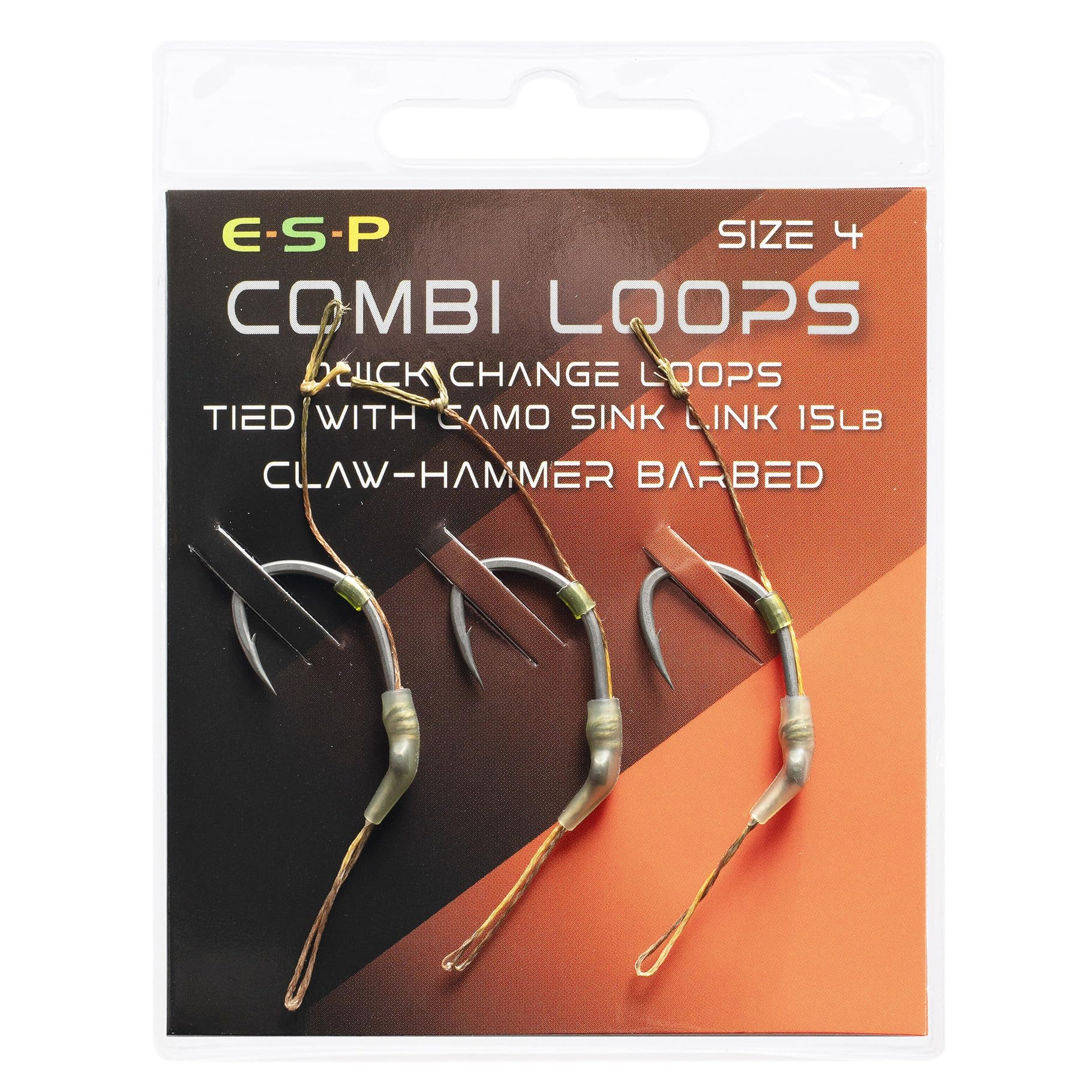 ESP Combi-Loop Rigs, Claw Hammer Barbless, Size 4 6 8, Pre-Tied Carp Fishing Rigs, Cryogen Hook, Camo Sink-Link Braid, 3 Rigs (Barbed, 4)